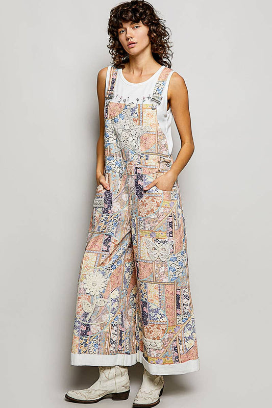 POL Floral Crochet Pearl Patch Roomy Fit Twill Overalls