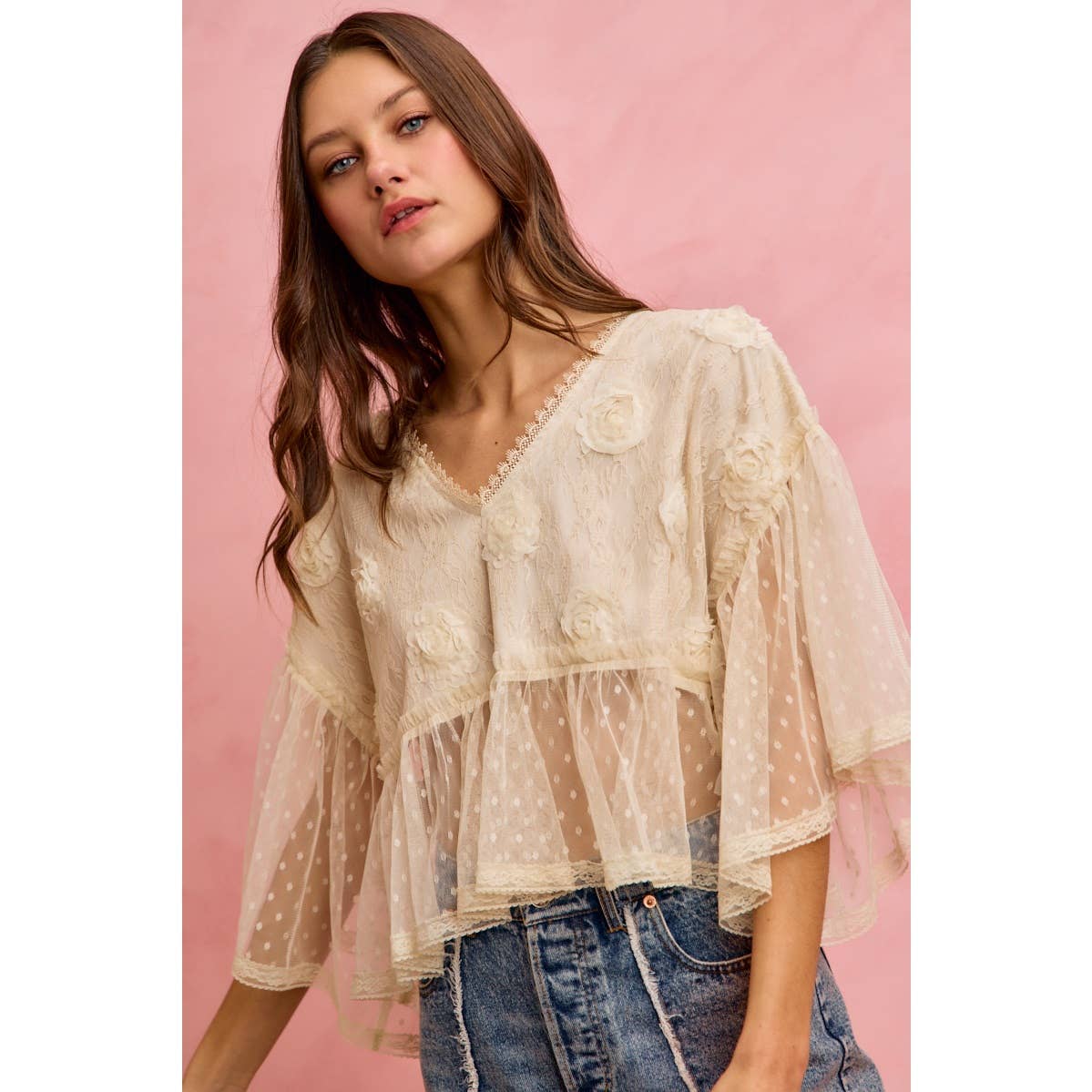 FLORAL APPLIQUE LACE FLOWY V NECK BLOUSE TOP: CREAM