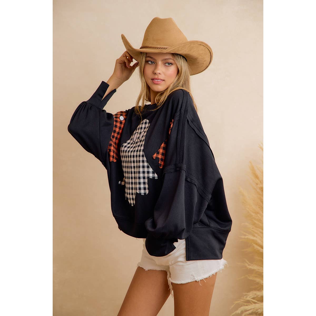 OCT 1st SHIP OVERSIZED PLAID GHOST APPLIQUE HALLOWEEN SWEATSHIRT: BLACK