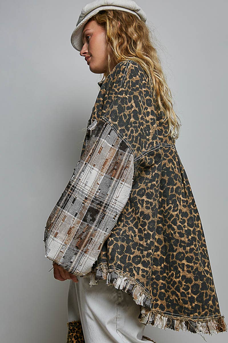 JULY SHIP Allover Print Pattern Raw-Edge Fringe Trim Shirt Jacket: CHOCO MULTI