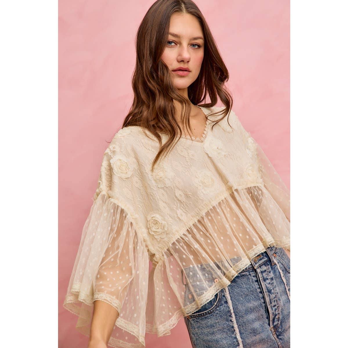 FLORAL APPLIQUE LACE FLOWY V NECK BLOUSE TOP: CREAM