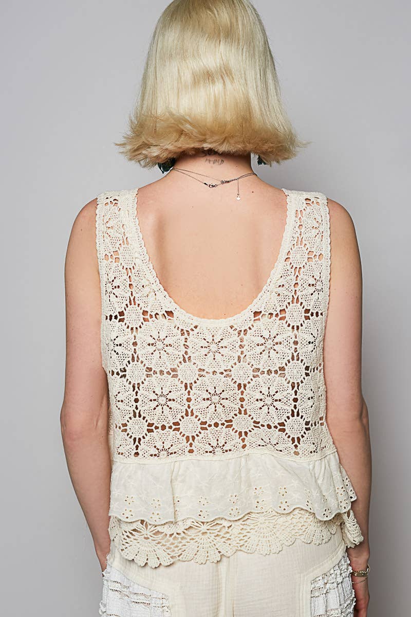 POL Round neck ruffle embroidered eyelet crochet top