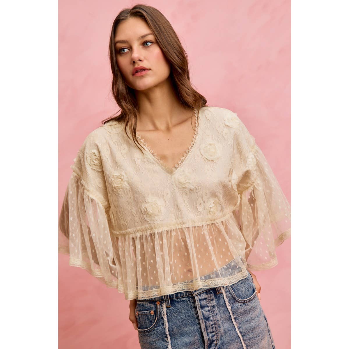 FLORAL APPLIQUE LACE FLOWY V NECK BLOUSE TOP: CREAM