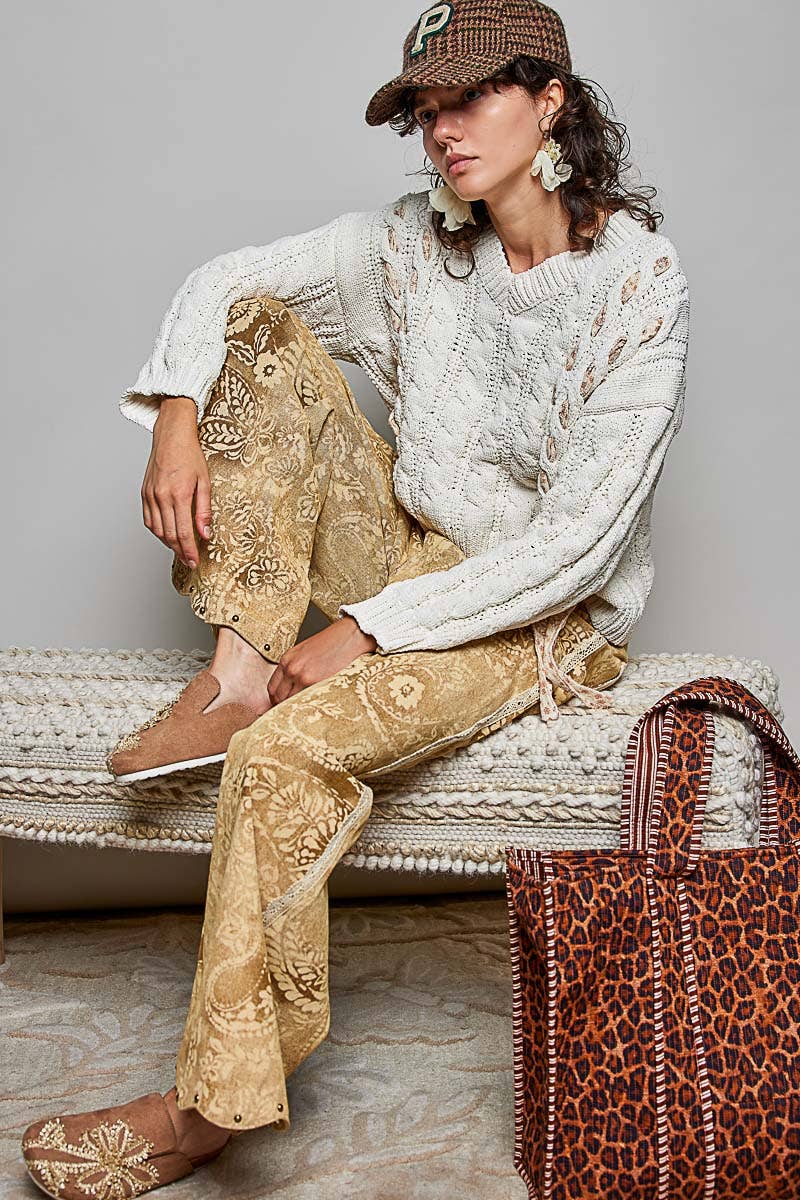 Chenille V Neck Balloon Sleeve Tie Detail Sweater Top: CREAM