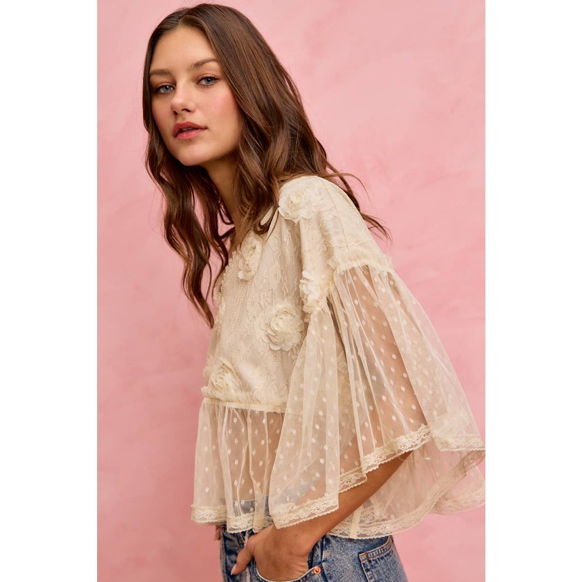 FLORAL APPLIQUE LACE FLOWY V NECK BLOUSE TOP: CREAM