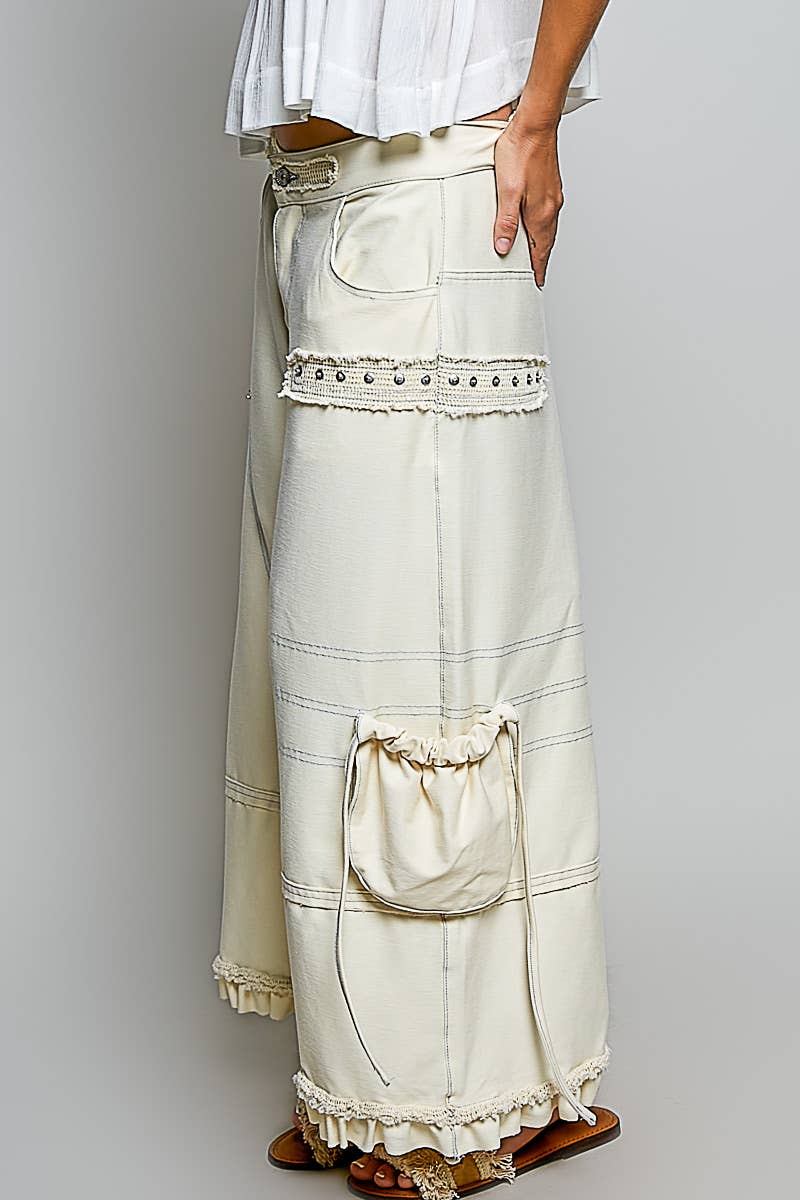 POL Ruffle Hem High Rise Wide Leg Snap Stud Detail Cargo Pants