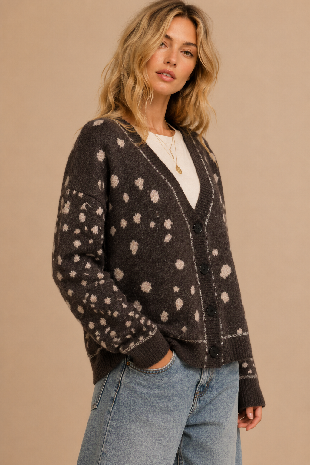 SEPT SHIP FAWN ARTWORK PRINT BUTTON DOWN CARDIGAN