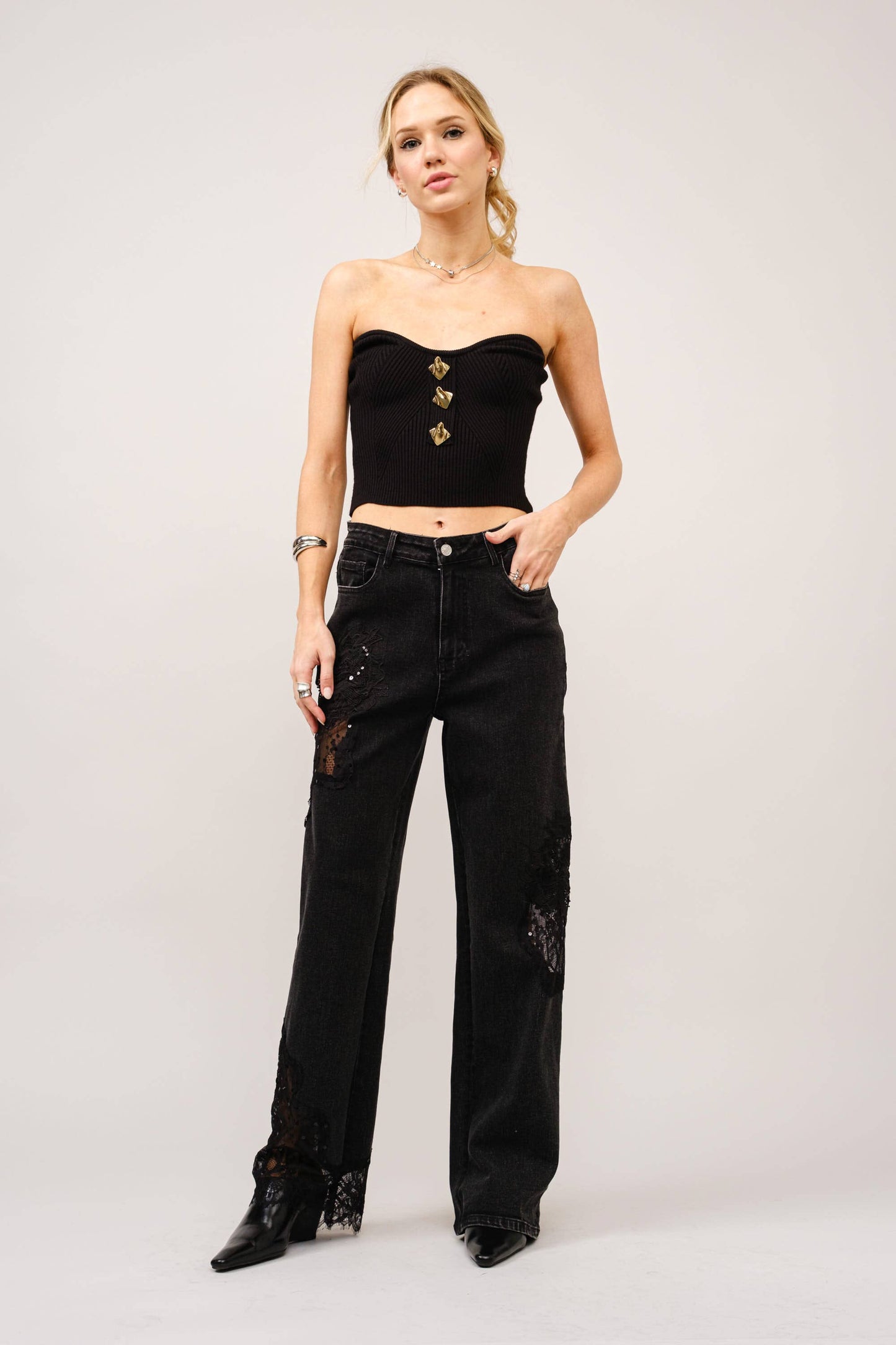 23421P - Lace Patchwork Straight Leg Jeans
