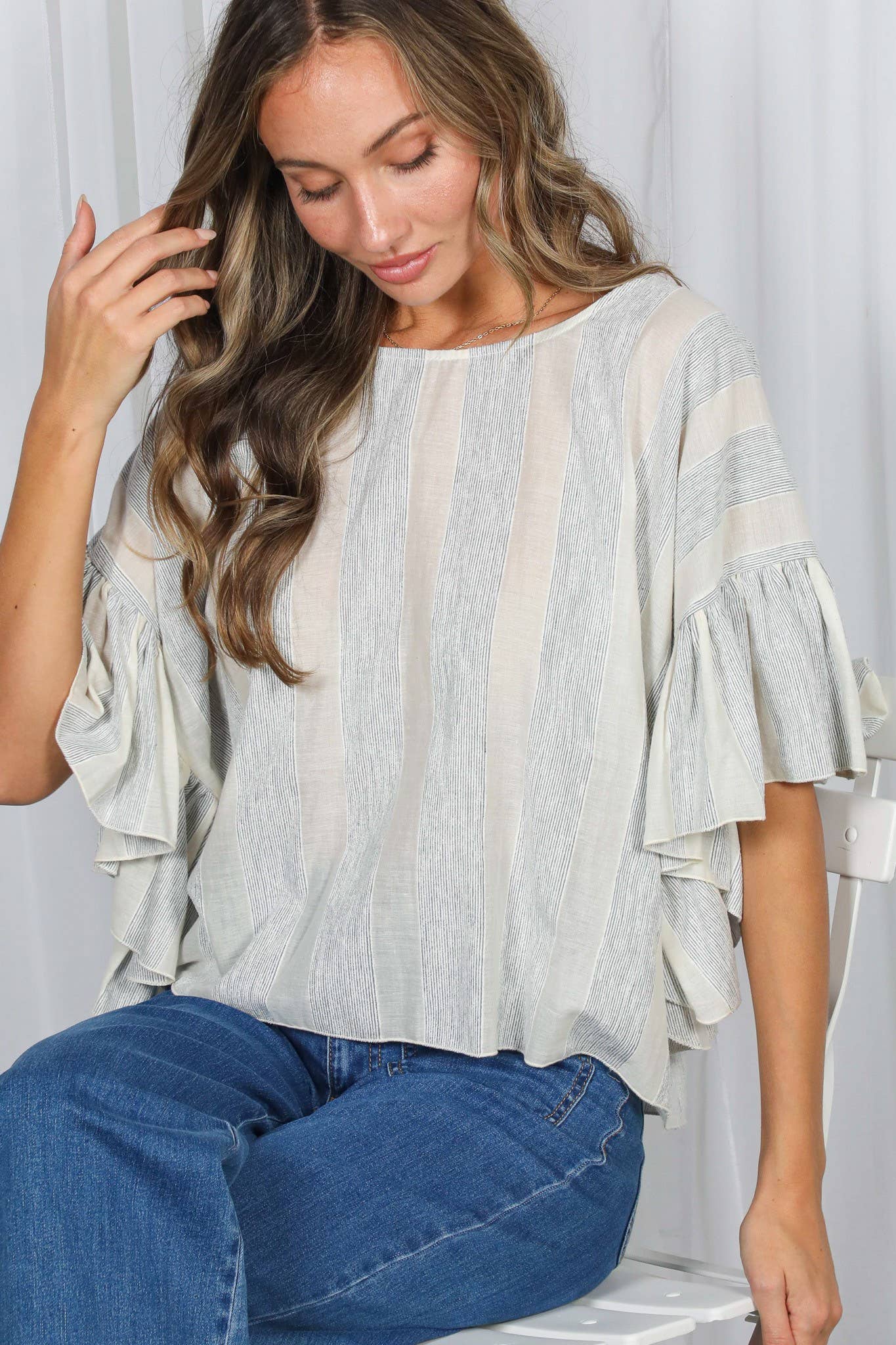 Wild Ruffle Embellished Sleeve Flowy Striped Top VT83104A: Blue
