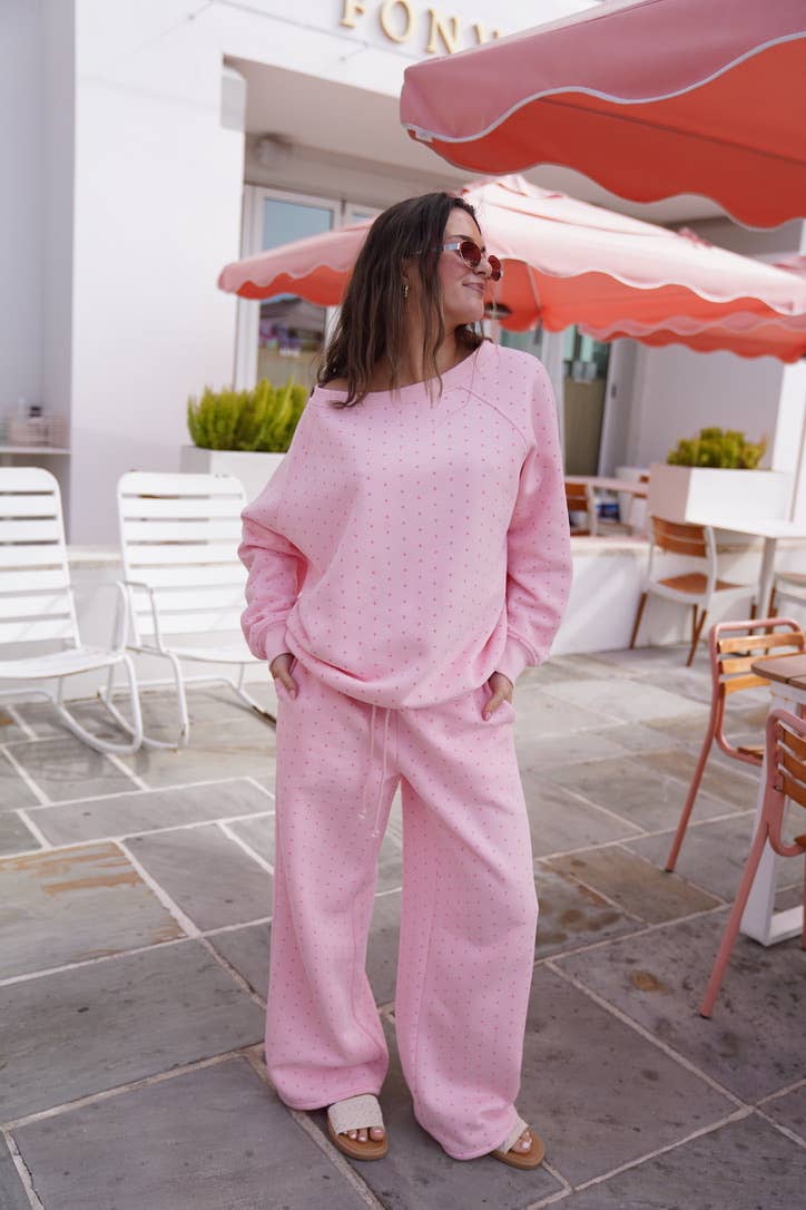 JUNE SHIp Sunkissed Coconut Light Pink Polka Dot Flare Sweatpants