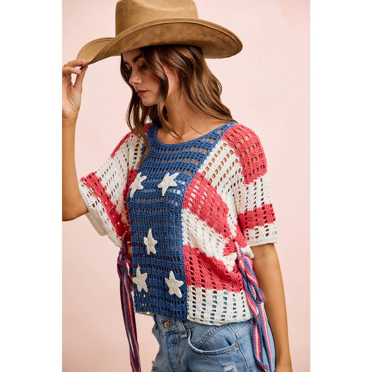 4TH OF JULY AMERICAN FLAG OPEN KNIT CROCHET TOP: AMERICAN FLAG