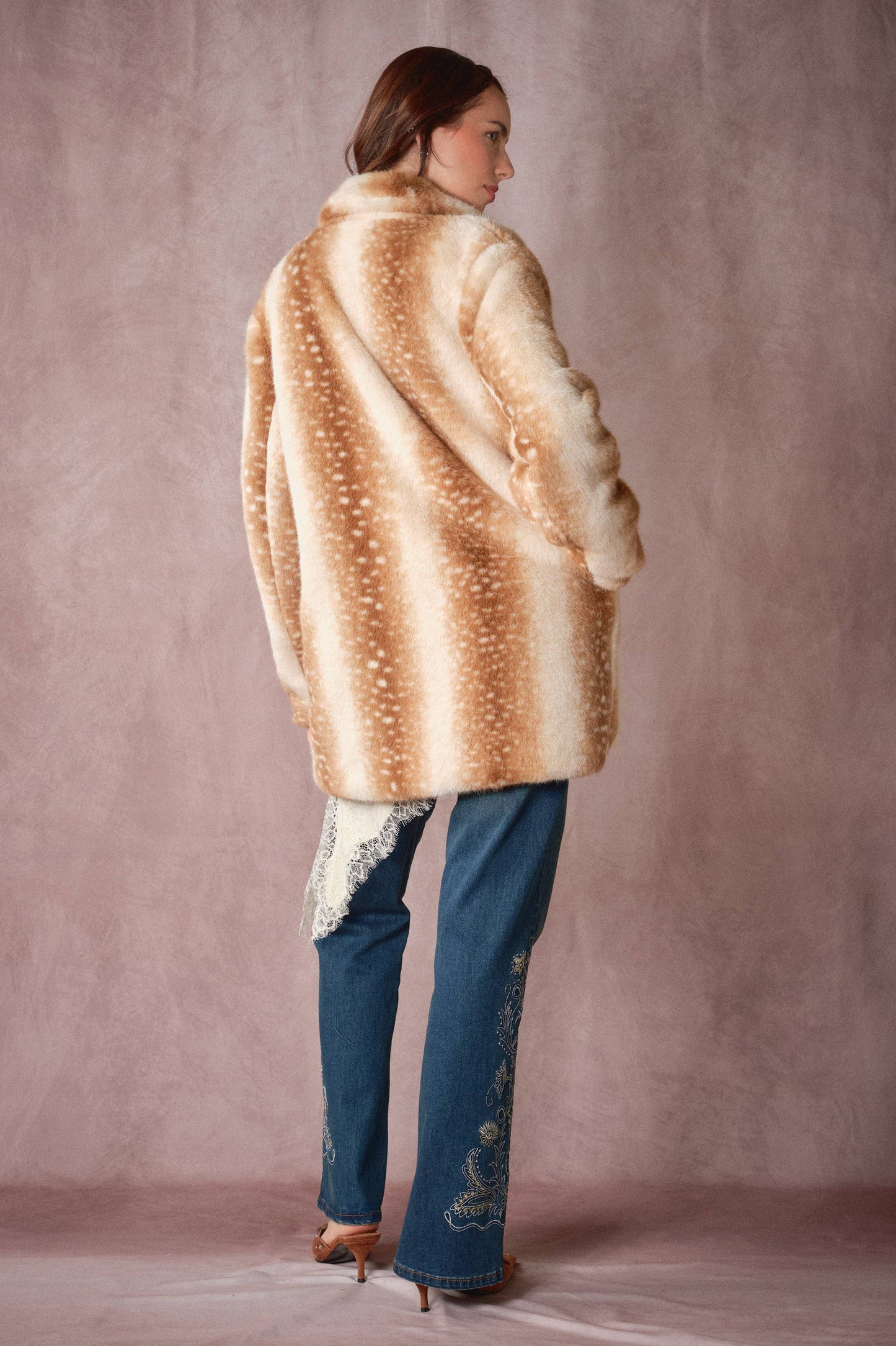 Deer Print Faux Fur Coat: TAUPE