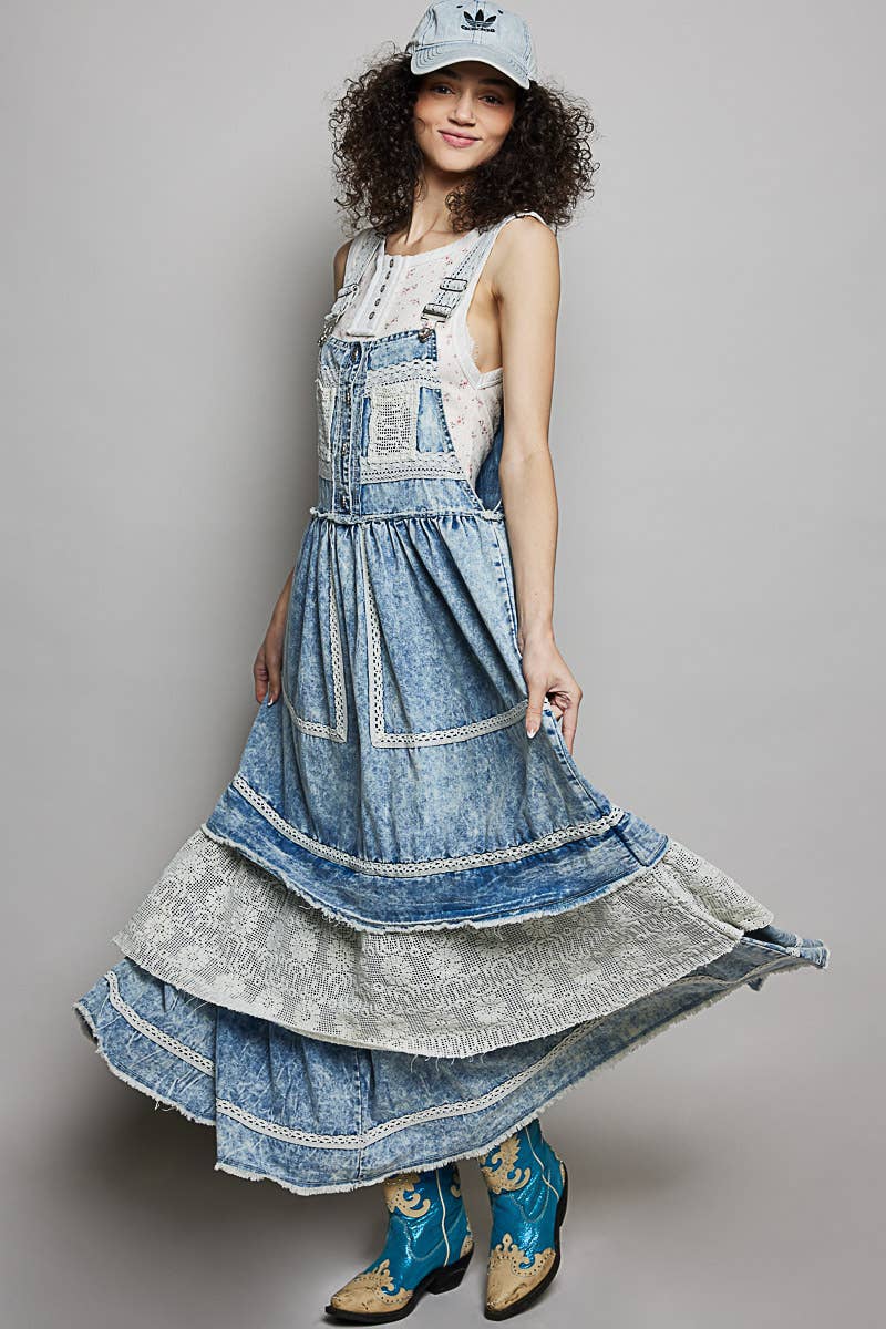 SEPT  SHIP  POL Crochet Pockets Ruffle Denim Long Overall Dress