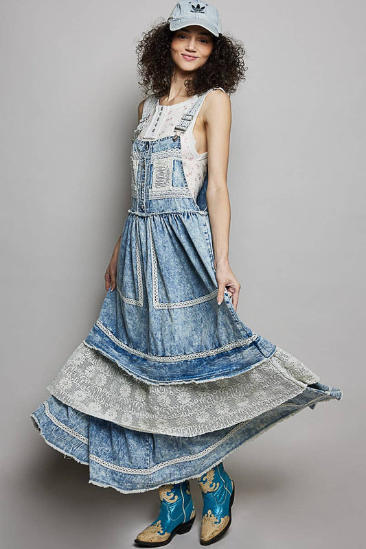 SEPT  SHIP  POL Crochet Pockets Ruffle Denim Long Overall Dress