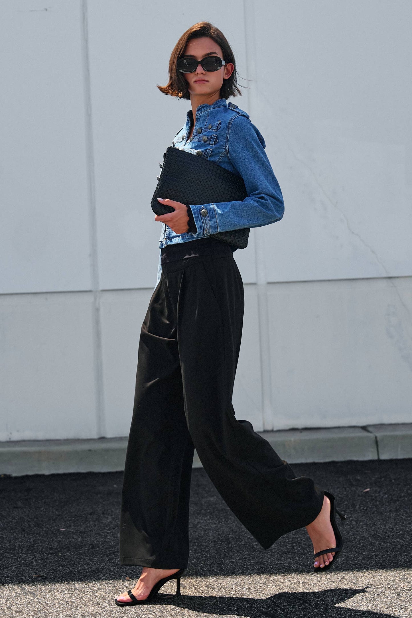 Military Double-Button Denim Jean Jacket: Blue