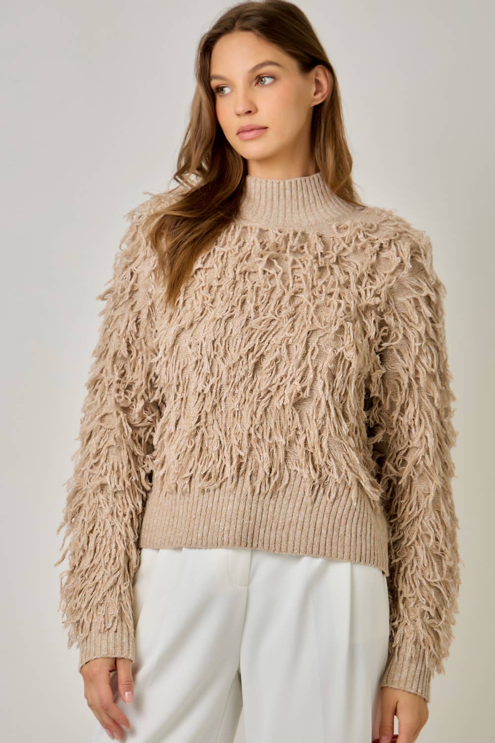 61640 Shaggy Knit Pullover Sweater: Ivory