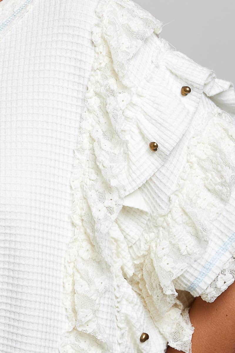 JUNE SHIP  POL  Textured Knit Ruffle Sleeve Lace Stud Cropped Short Top
