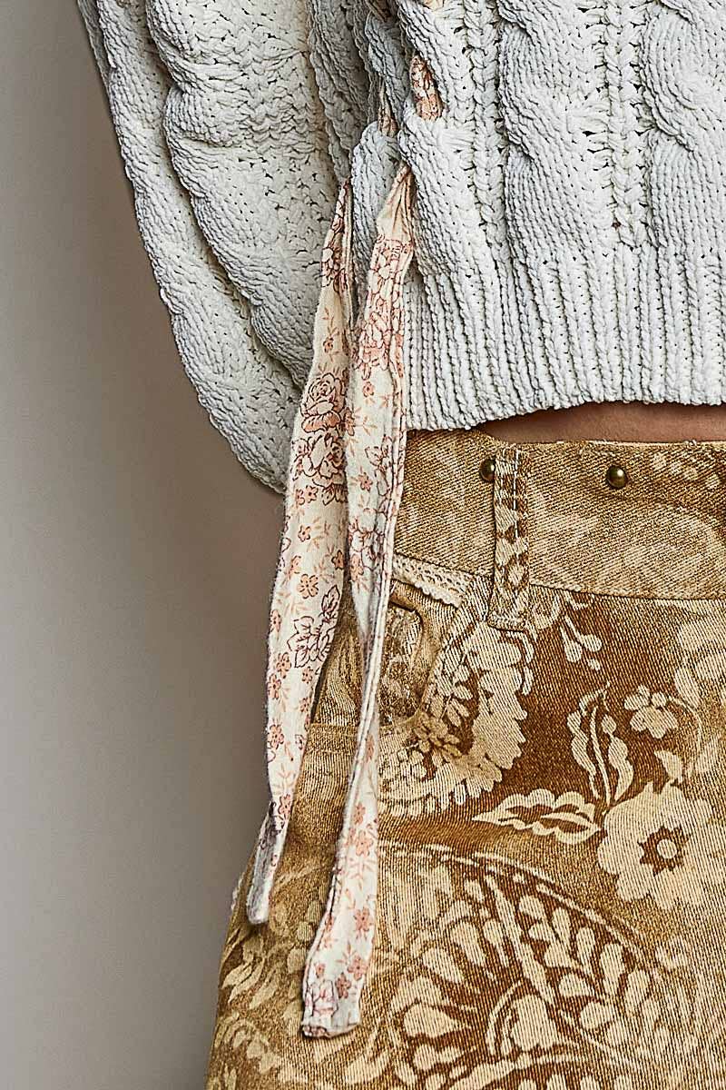 Chenille V Neck Balloon Sleeve Tie Detail Sweater Top: CREAM