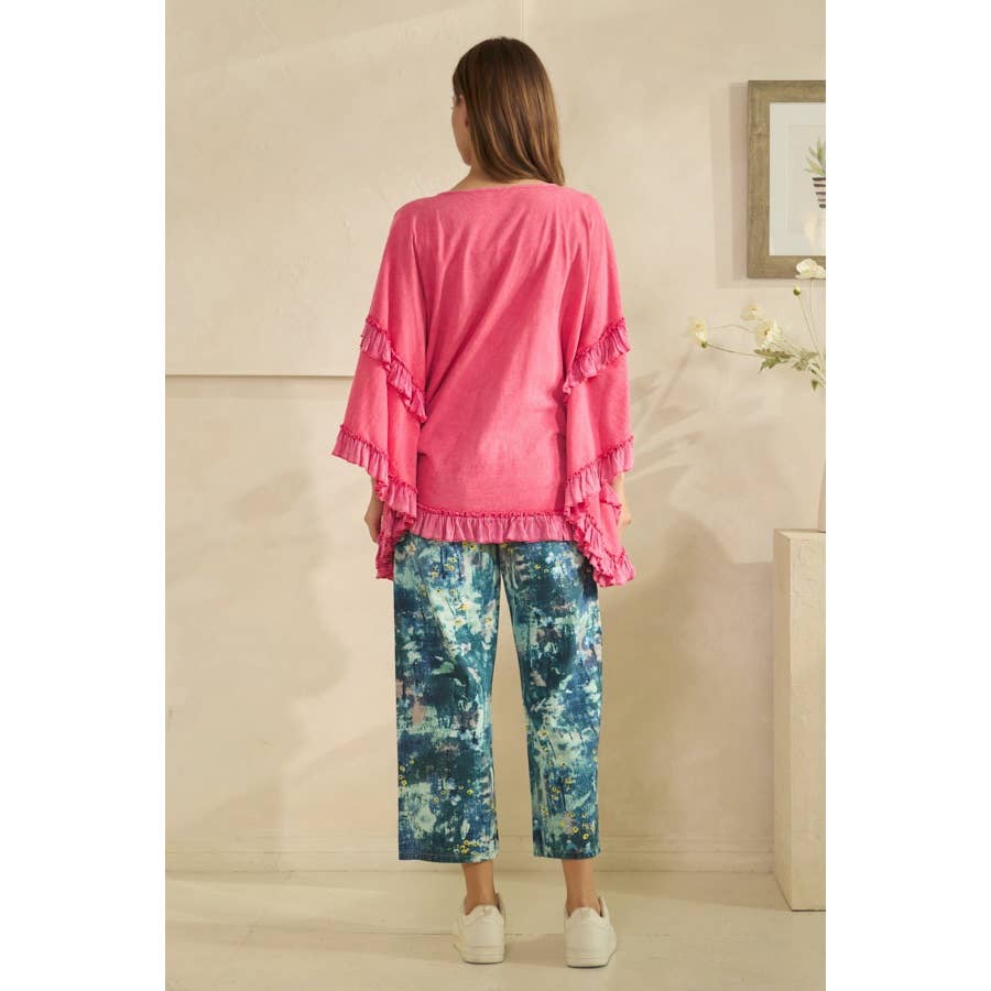WASHED CINCHED DETAIL RUFFLE SLEEVE AND HEM TOP - HOT PINK or BLACK