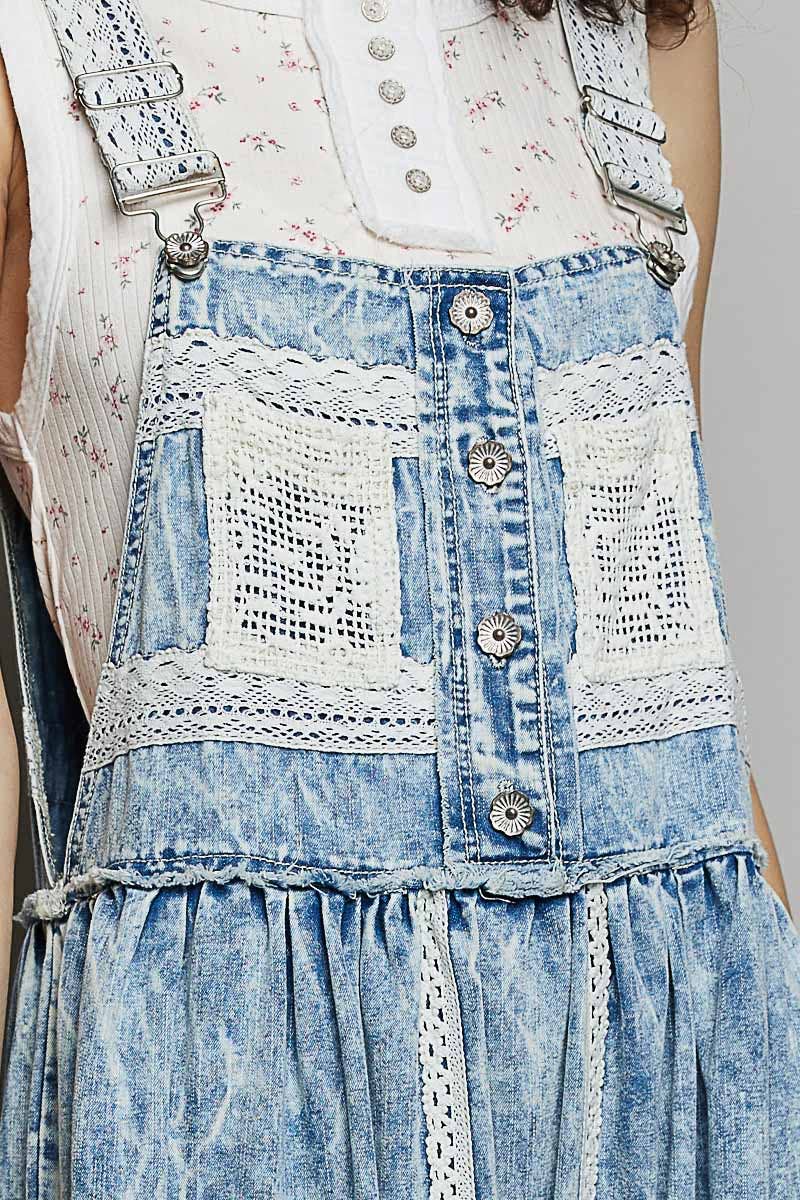 SEPT  SHIP  POL Crochet Pockets Ruffle Denim Long Overall Dress