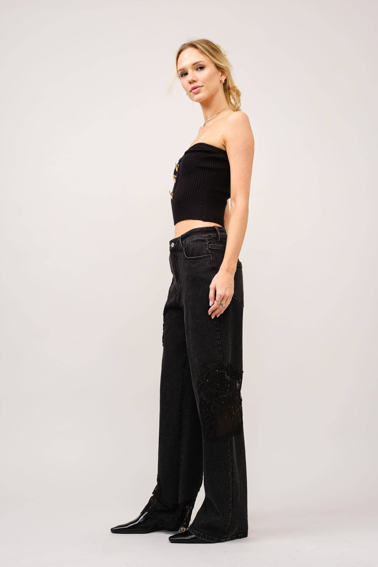 23421P - Lace Patchwork Straight Leg Jeans