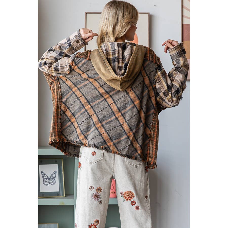 WASHED MIXED PLAID OVERSIZED HOODED JACKET
