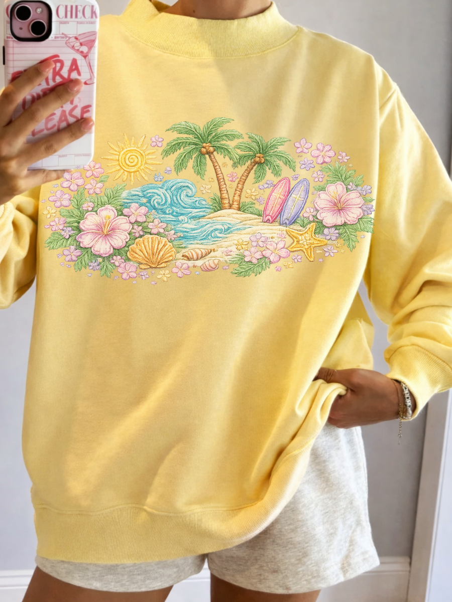 JUNE SHIP SUNKISSED COCONUT Butter Yellow Seaside Bloom Graphic Mockneck Sweatshirt