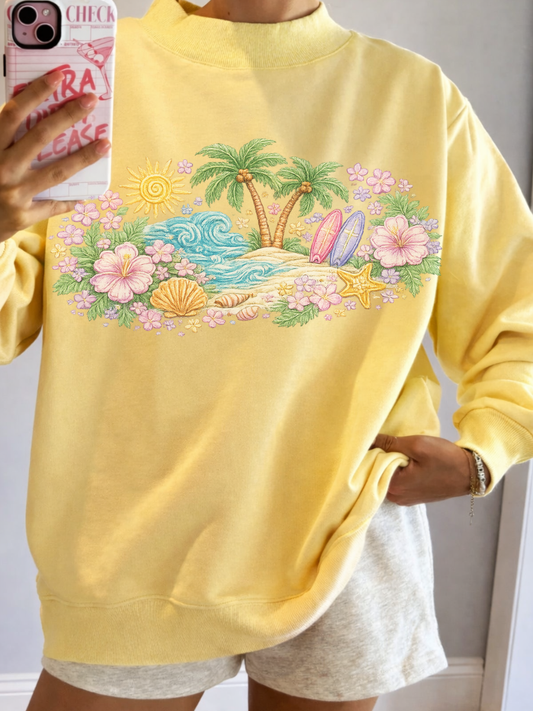 JUNE SHIP SUNKISSED COCONUT Butter Yellow Seaside Bloom Graphic Mockneck Sweatshirt