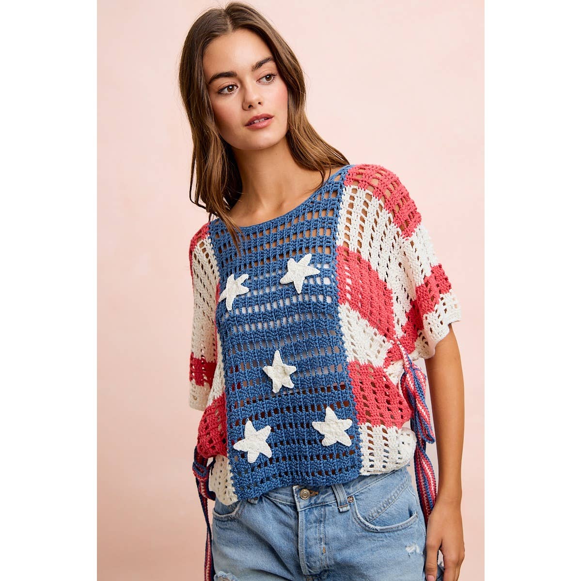 4TH OF JULY AMERICAN FLAG OPEN KNIT CROCHET TOP: AMERICAN FLAG