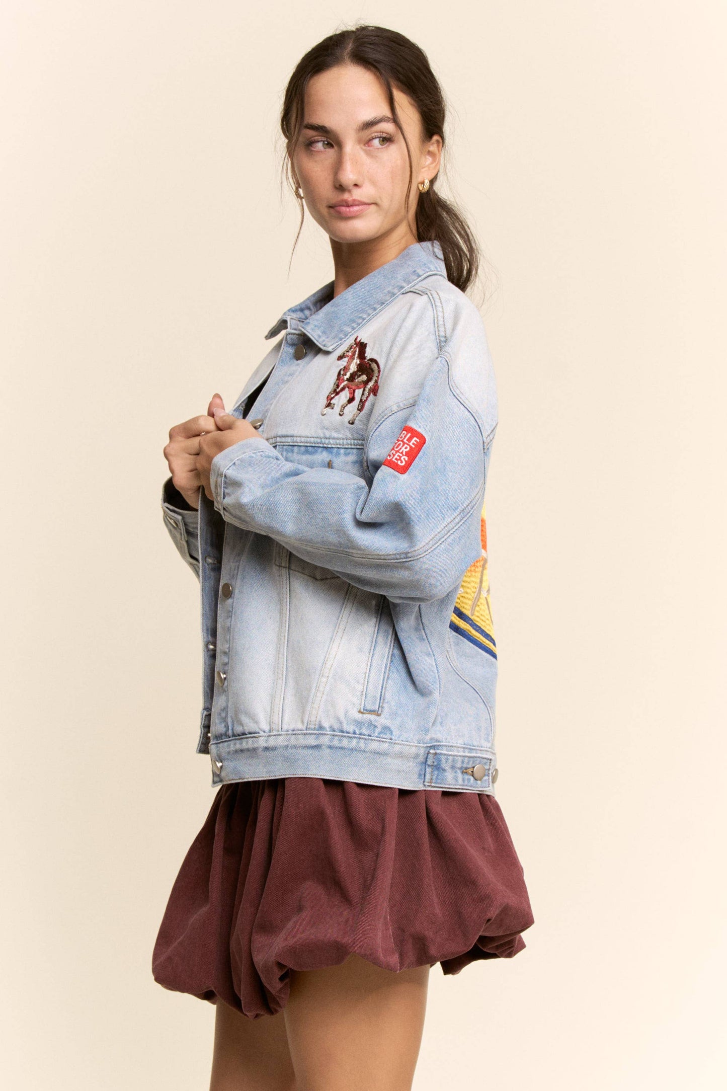 EMBROIDERED WESTERN DENIM TRUCKER JACKET: Light Denim smalls are July SHIP!