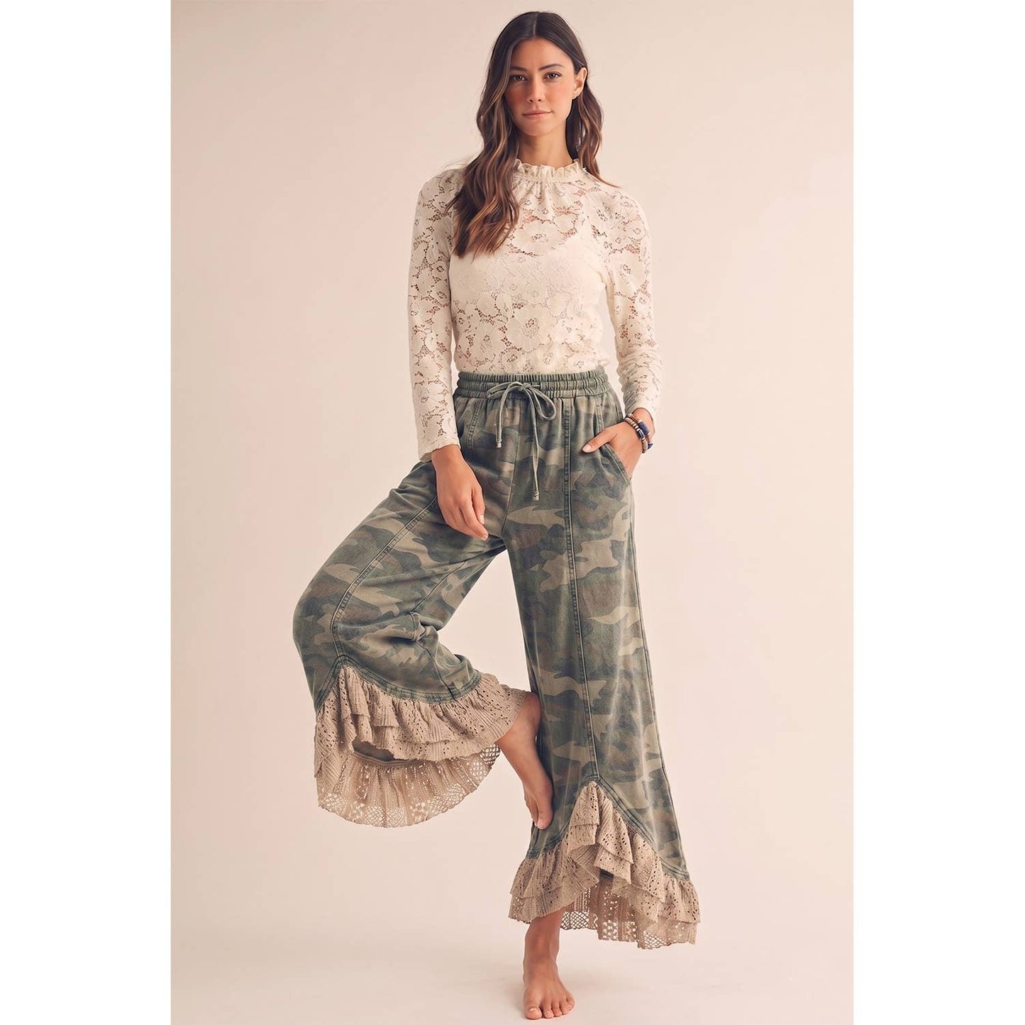 PREORDER JULY SHIP Vintage Lace Infused Couture Elastic Waist Pants: CAMO