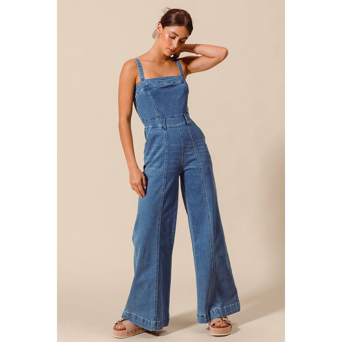 FRONT CUT EXPOSED SEAM WASHED DENIM JUMPSUIT : DENIM