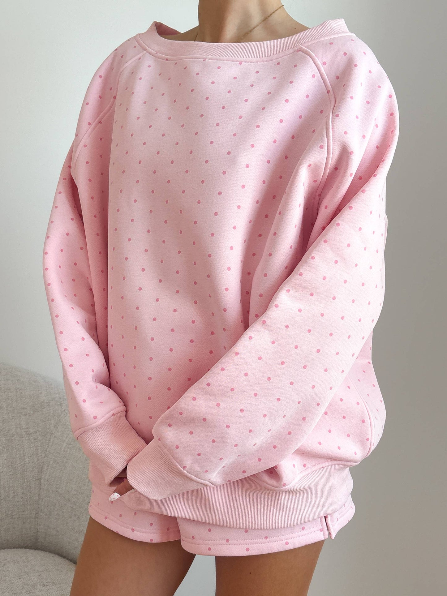 JUNE SHIP SUNKISSED COCONUT Light Pink Polka Dot Off The Shoulder Sweatshirt