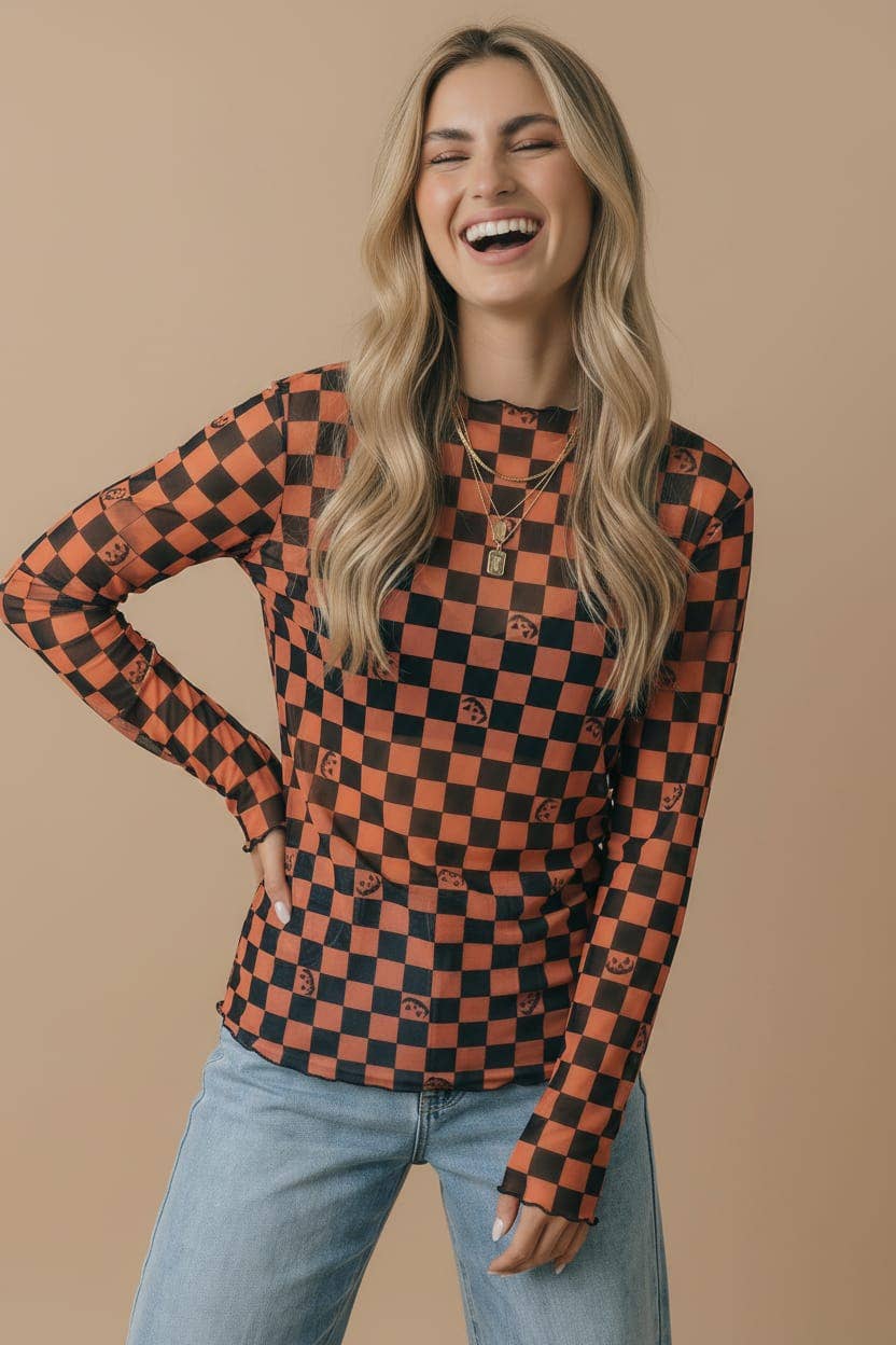 Halloween Pumpkin Merrow Hem Mesh Top: BLACK/ORANGE