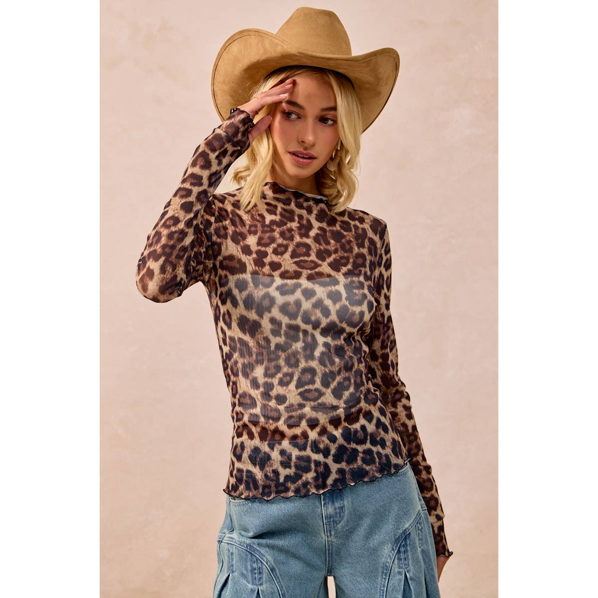 AUG SHIP MESH LEOPARD PRINTED TOP WITH LONG SLEEVES: LEOPARD
