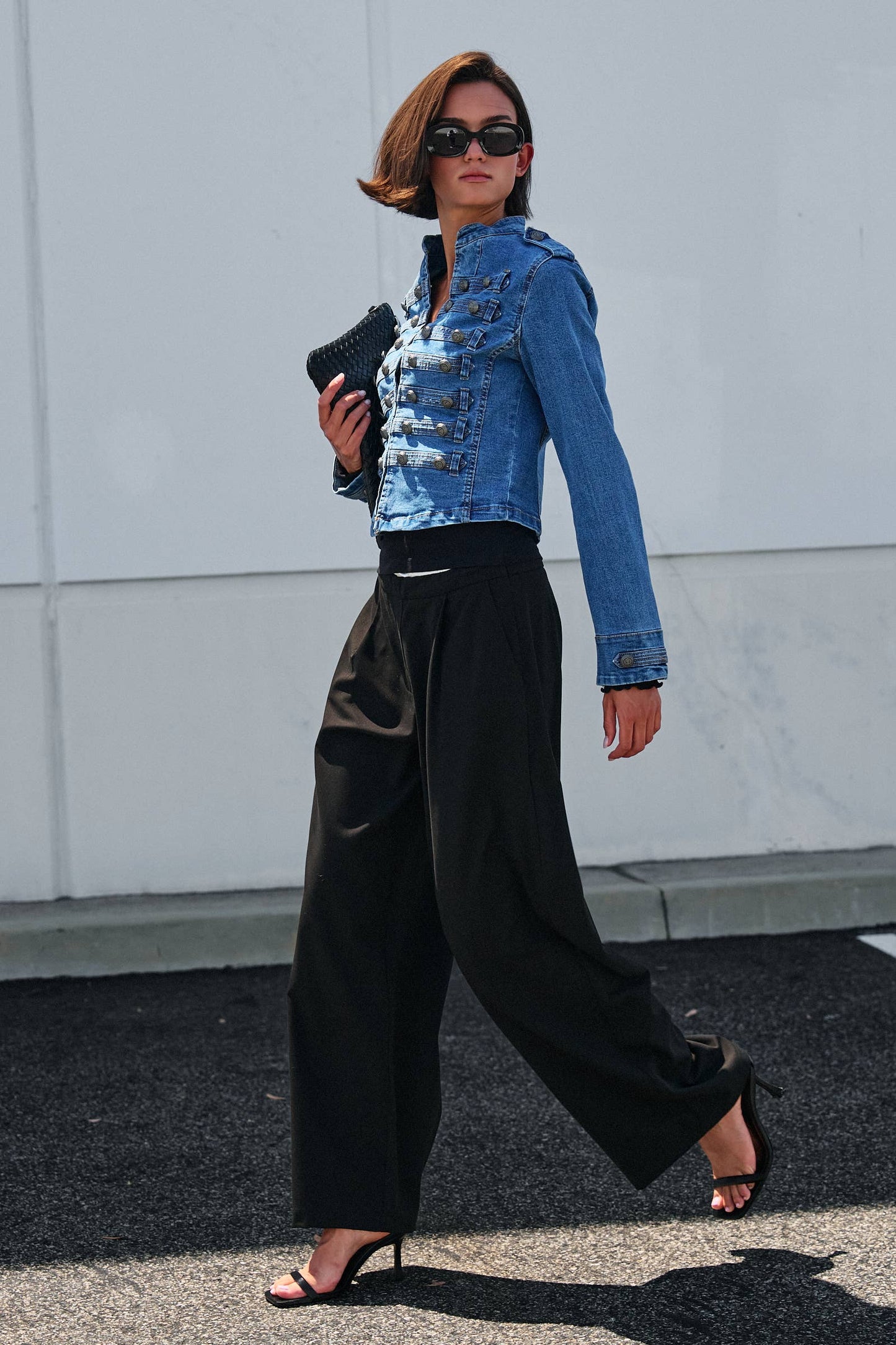 Military Double-Button Denim Jean Jacket: Blue