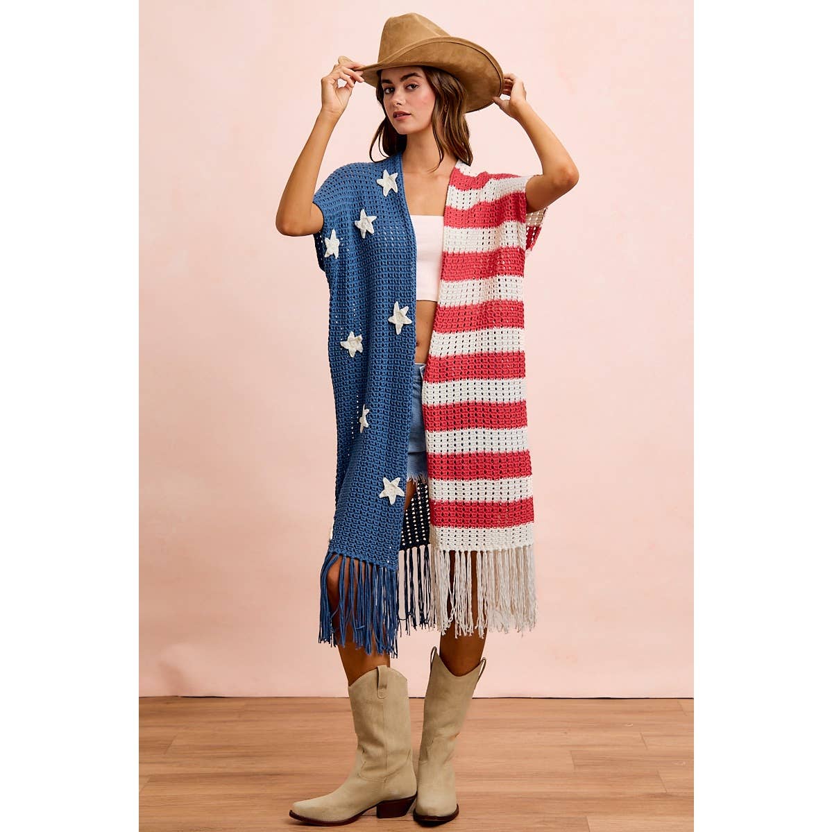 4TH OF JULY AMERICAN FLAG OPEN KNIT CARDIGAN