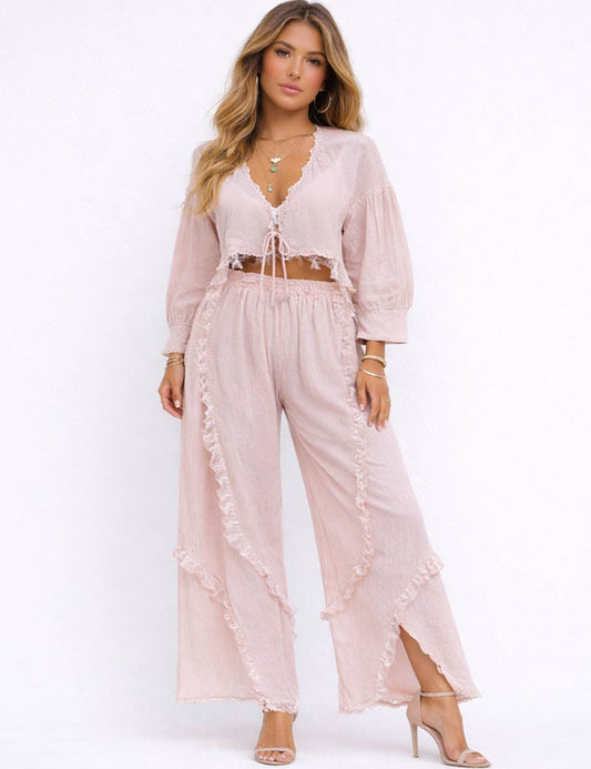 Ladies Lace Panel V-Neck Tie Front Blouse & Pants Set
