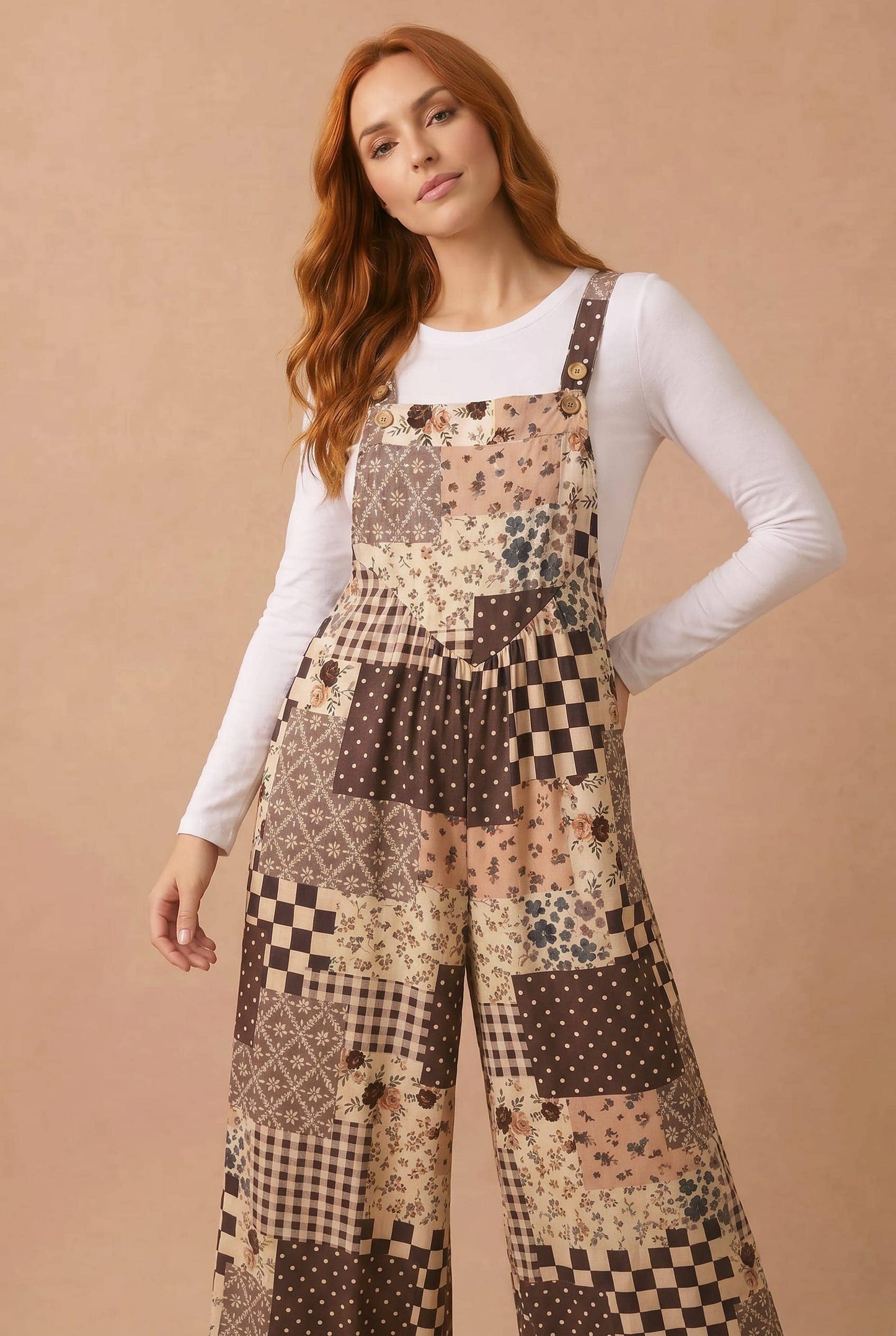 SEPT SHIP Floral Patchwork Wide Leg Overalls