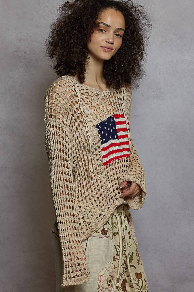 POL Long sleeve American Flag Hoodie Thin Sweater Top