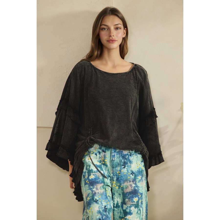 WASHED CINCHED DETAIL RUFFLE SLEEVE AND HEM TOP - HOT PINK or BLACK