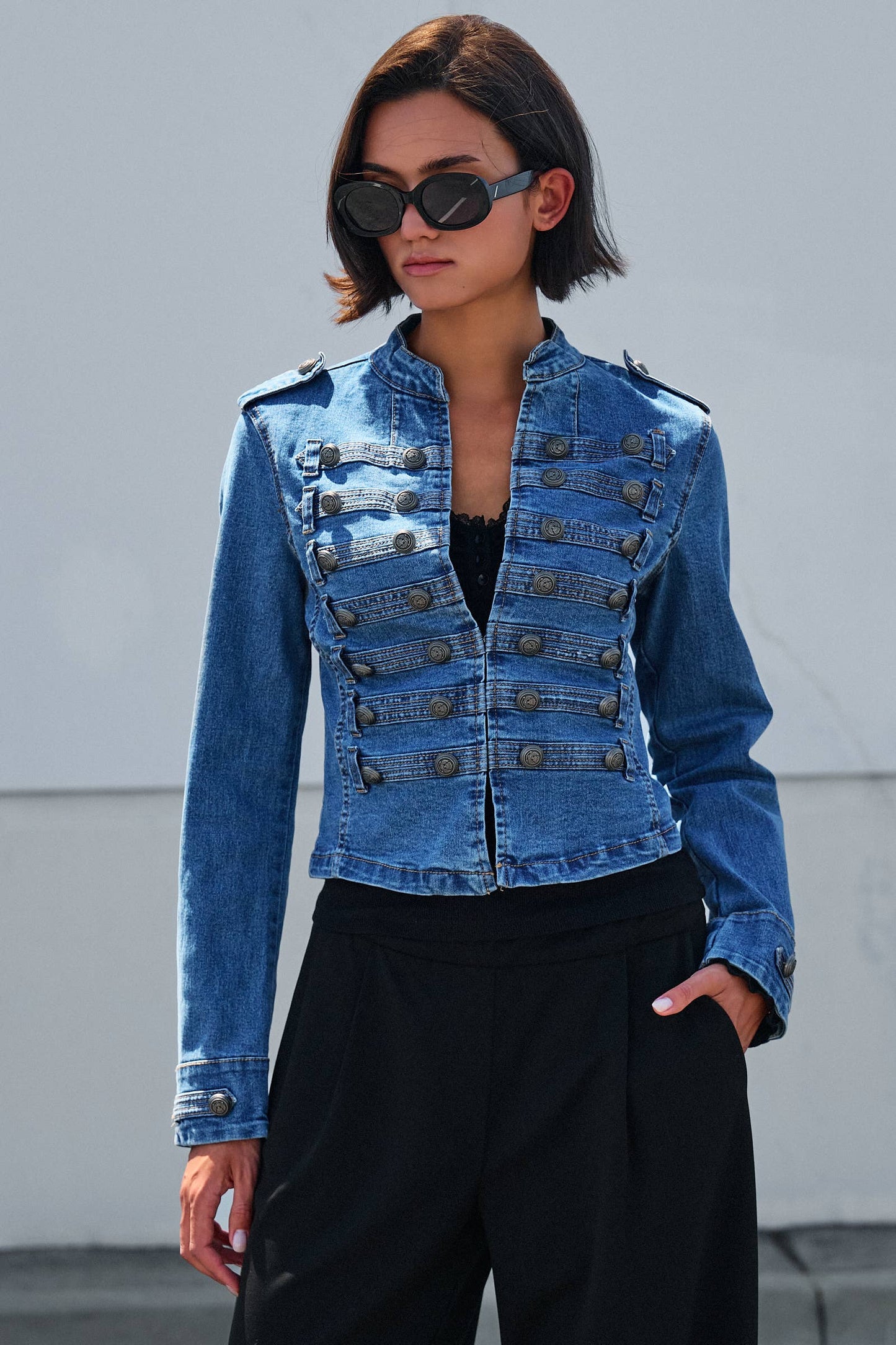 Military Double-Button Denim Jean Jacket: Blue