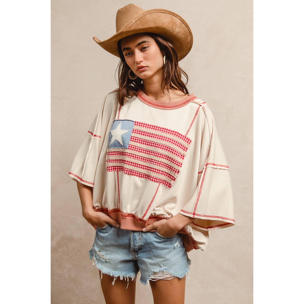 AMERICAN FLAG PATCHWORK OVERLOCK STITCH TOP
