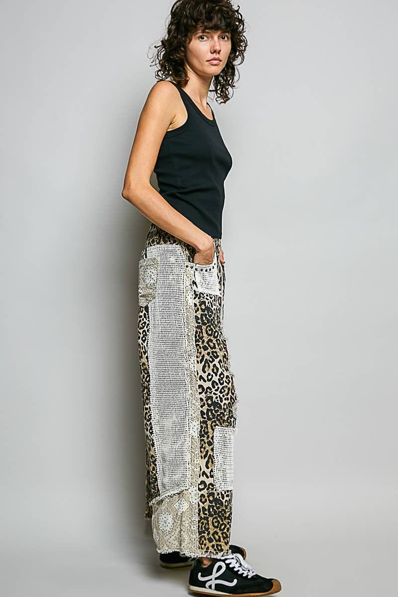 JULY SHIP POL Stud Detail Woven Denim Pants: SAND LEOPARD