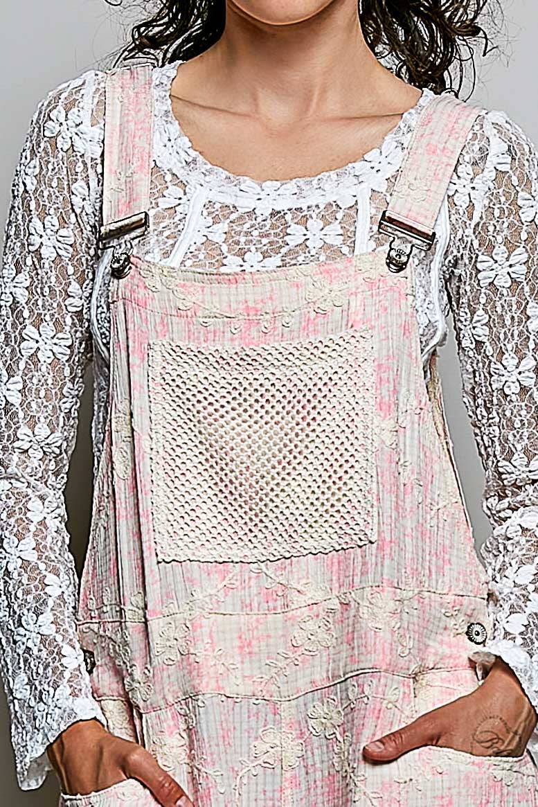 Floral Embroidery Accents Mesh Patches Strap Woven Overalls