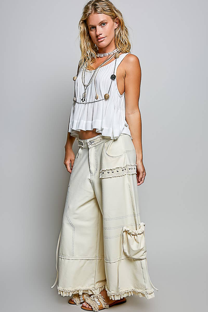 POL Ruffle Hem High Rise Wide Leg Snap Stud Detail Cargo Pants