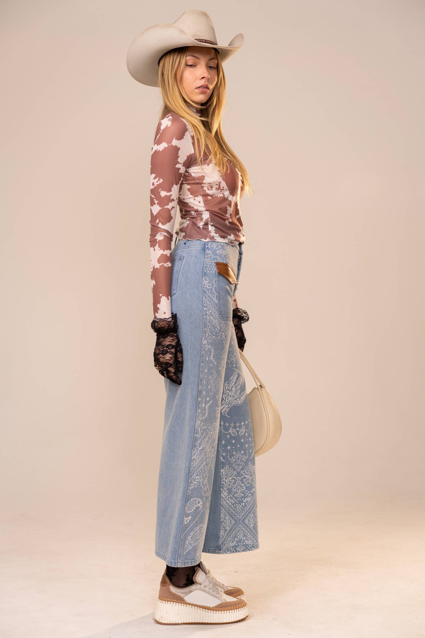 Mesh Cowprint Mock Neck Top: CREAM BROWN