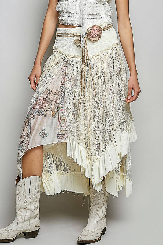 Ruffle Smocked Waist Solid Long Lace Skirt