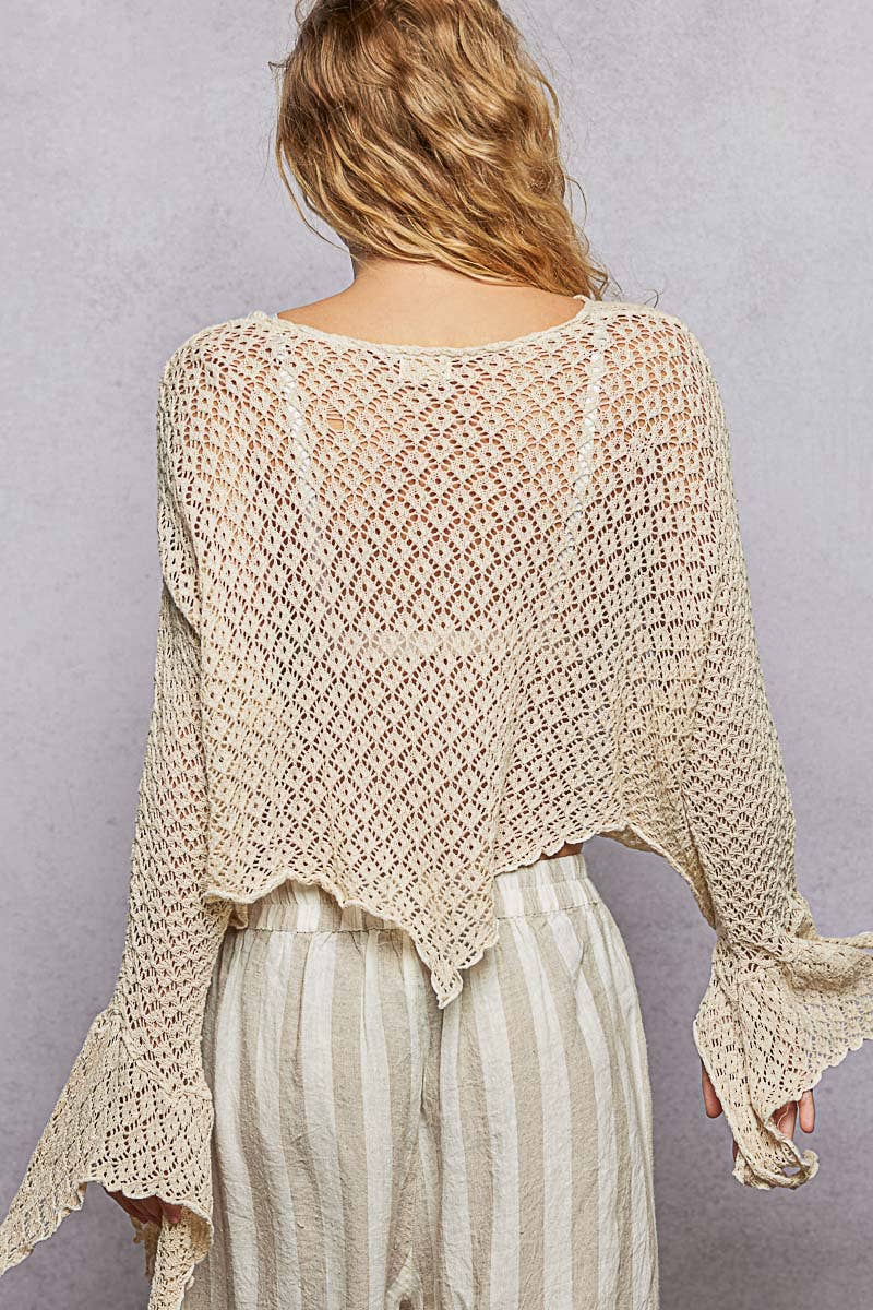 Round Neck Crochet Raw Edge Solid Knit Top