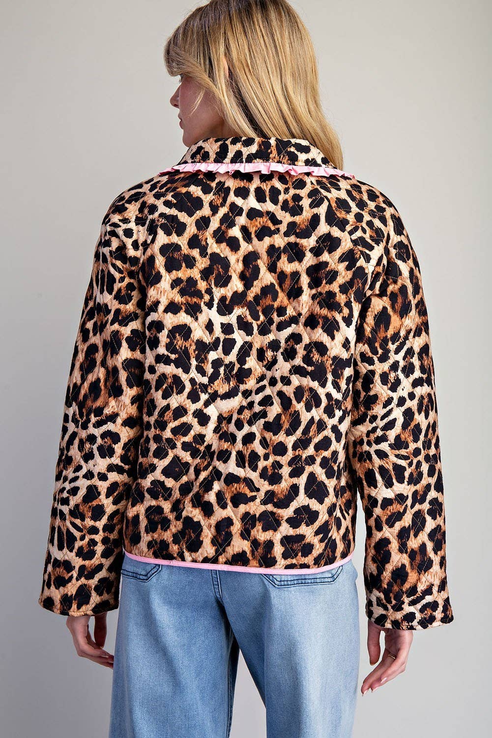 PL9358 - LEOPARD QUILTED PINK CONTRAST TIE FRONT JACKET